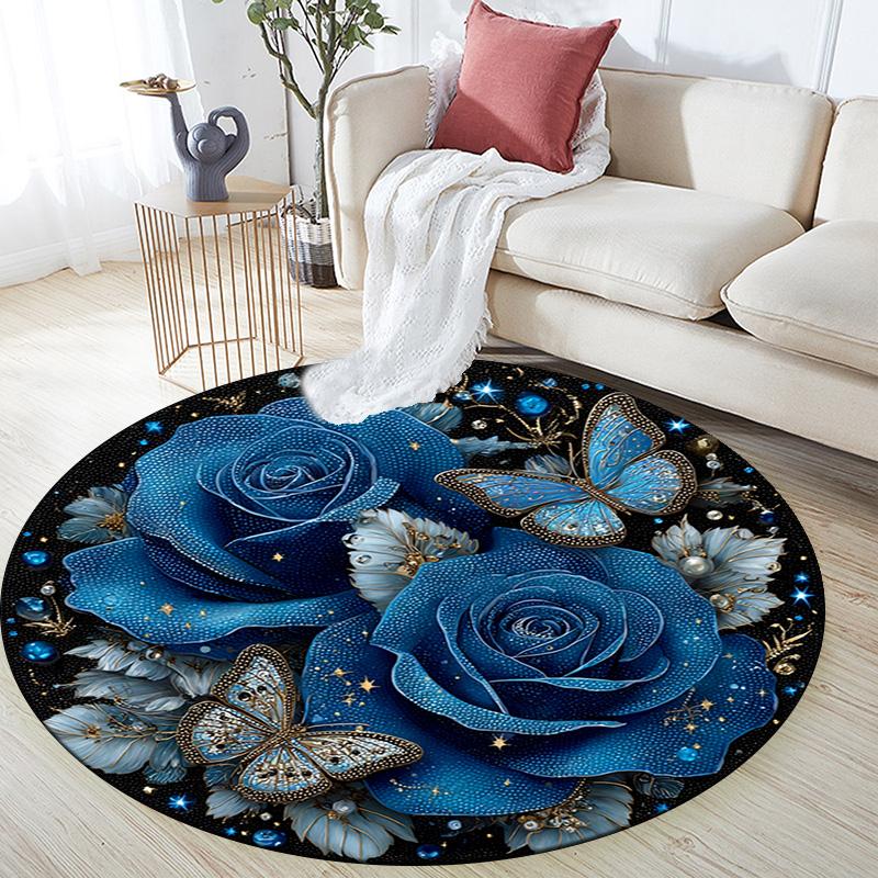 Blue Roses Round Area Rug,Carpet Rug for Living Room Bedroom Sofa Playroom Decor,Non-slip Floor Mat