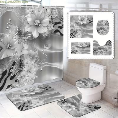 Faded Flowers, 1pc/3pcs/4pcs Shower Curtain Set, Polyester Fabric, Shower Curtain with 12 Hooks, Non-Slip Bathroom Mat, U-Shap