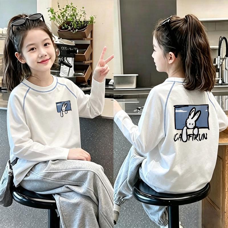 Korean Style Cartoon Cotton Long Sleeve T-shirt for Girls, Medium & Large - Spring/Autumn Casual Loose Fit