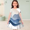 Girls Round Neck Short Sleeve Abstract Printed Blue Beige White A Line Flared Dress