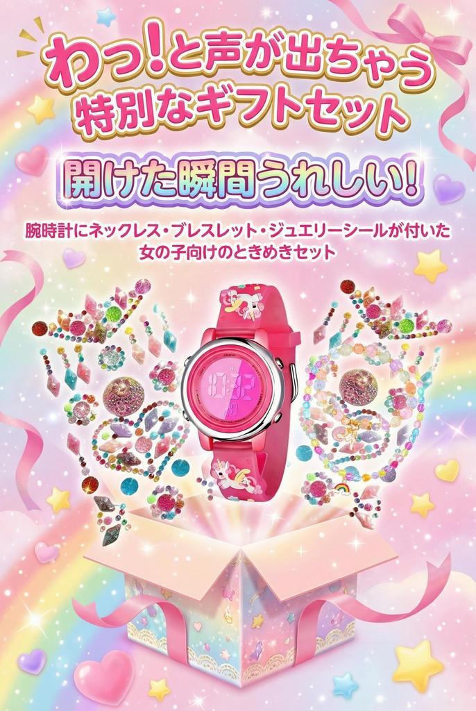 Girls' Digital Watch, Kids' 7 Color LED, Waterproof, Stopwatch, Alarm, Jewelry Set, Necklace, Bracelet, Stickers, Gift, Present (Unicorn Red)