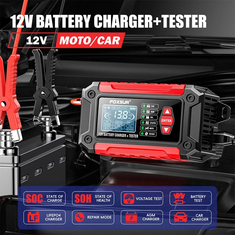 FOXSUR Car Battery Charger 12V 6A FTC-1206 Motorcycle Truck AGM LiFePO4 Lead Acid Batteries Maintainer Digital LCD Display