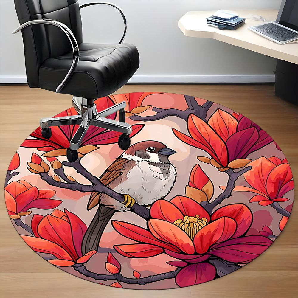 1pc Magnolia Bird Print Carpet for Office Non Slip, Round Carpet, Soft & Comfortable, Carpet for Office, Lightweight Round Floor Mat