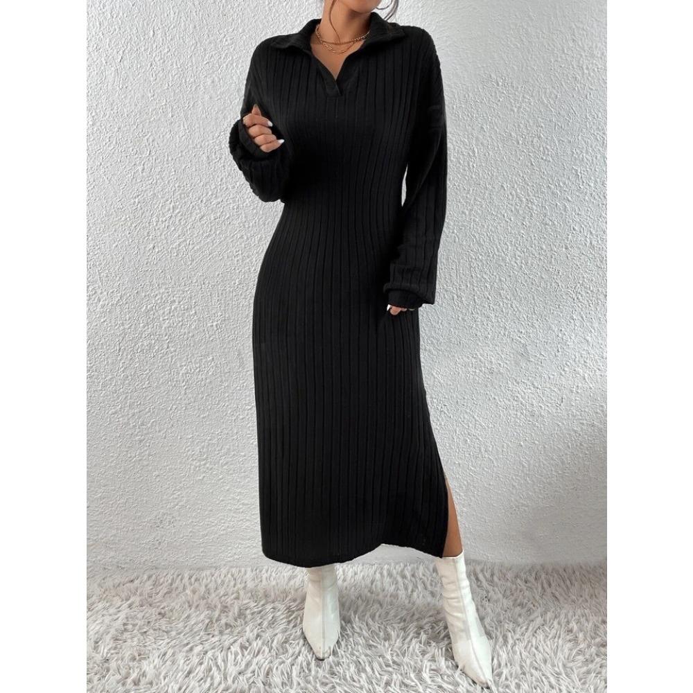 Rochie de damă cu mânecă lungă, culoare solidă, cu umeri și crăpături, toamnă și iarnă