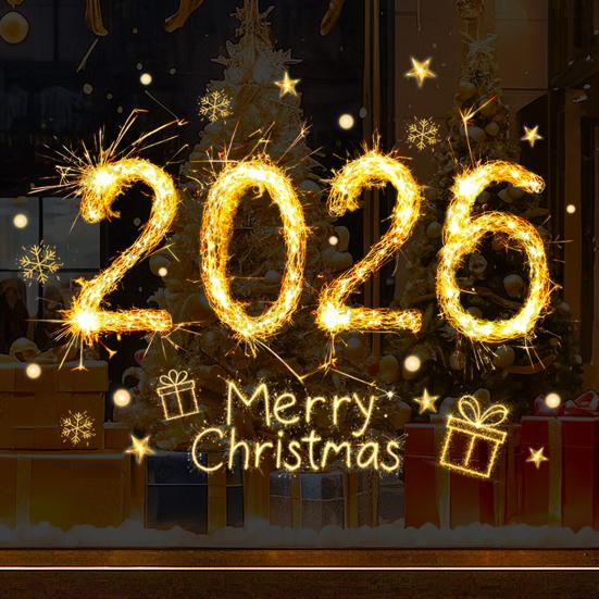 Christmas Glass Stickers 2026 Number Blessings Golden Flame Effect Waterproof Easy to Apply New Year Window Decals