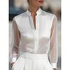 Mesh-paneled Satin Stand-up Collar, Plain-coloured, Sophisticated-chic Women’s Blouse