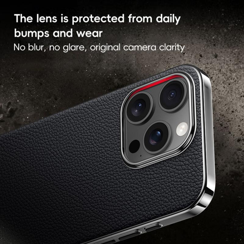 For iPhone 16 Pro Case Electroplating Genuine Cow Leather+PC Drop Resistance Phone Cover