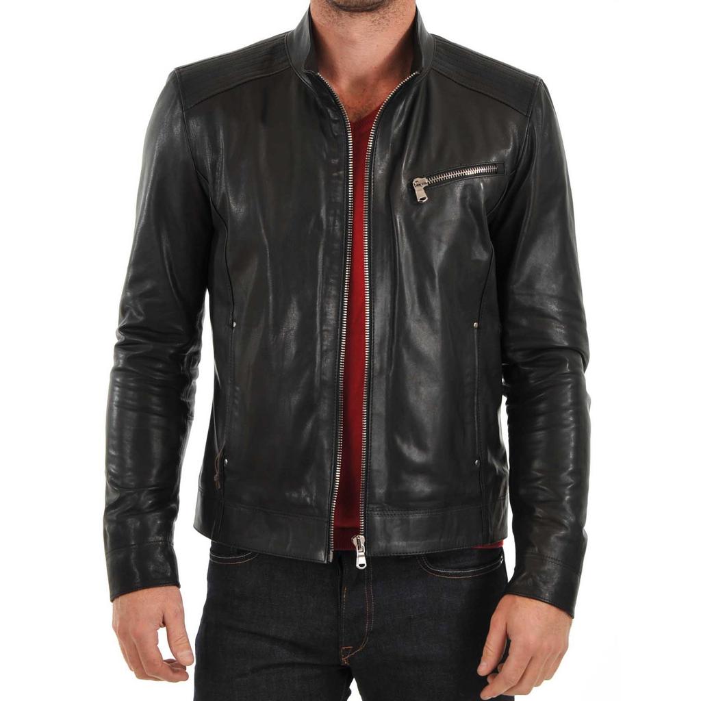 SKINOUTFIT Men's Genuine Lambskin Black Leather Jacket Stylish Motorcycle Bomber Biker Outerwear MJ 63