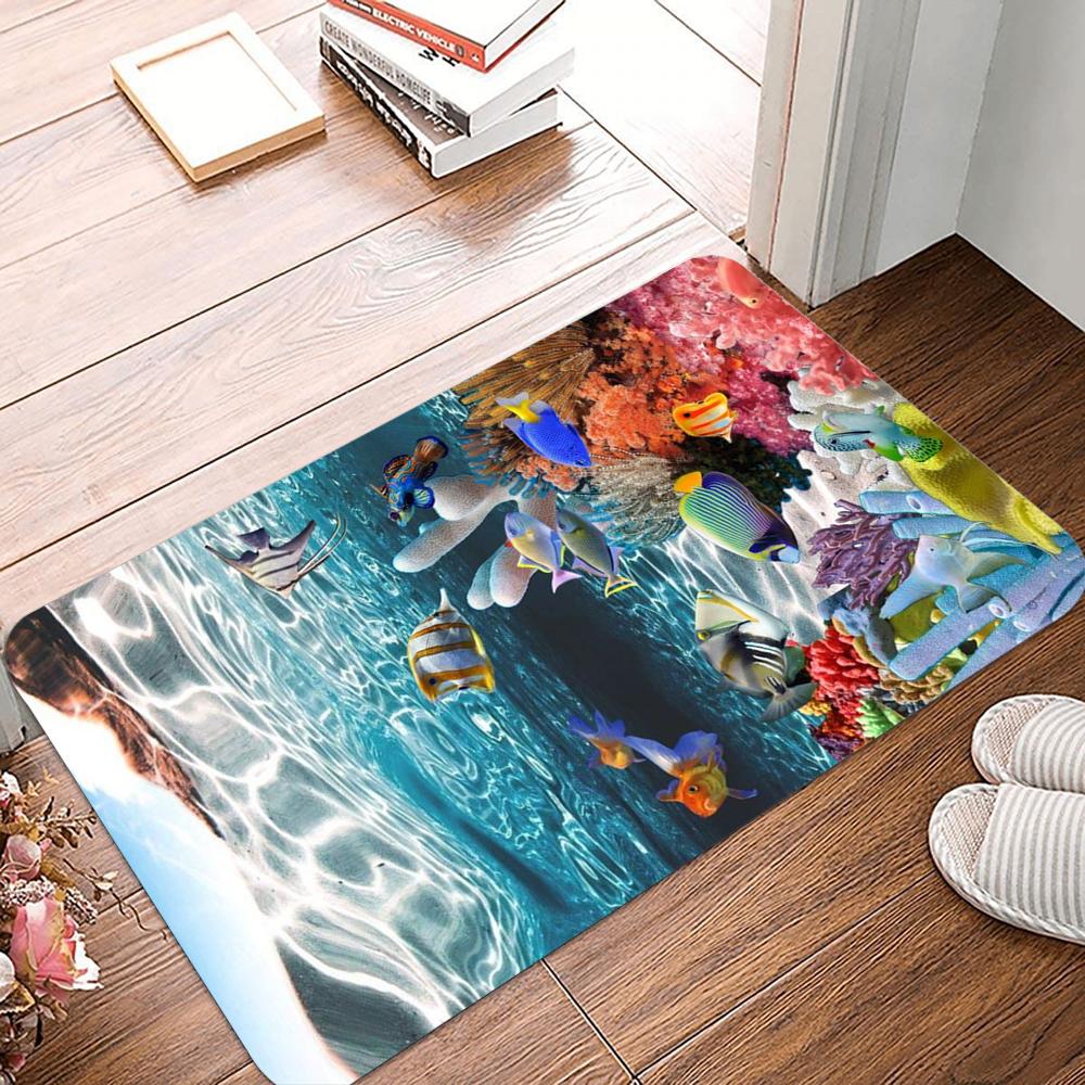 Underwater World Printing Non-Slip Small Rug Waterproof Easy To Clean Floor Mat for Indoor Outdoor Use Durable Home Decoration