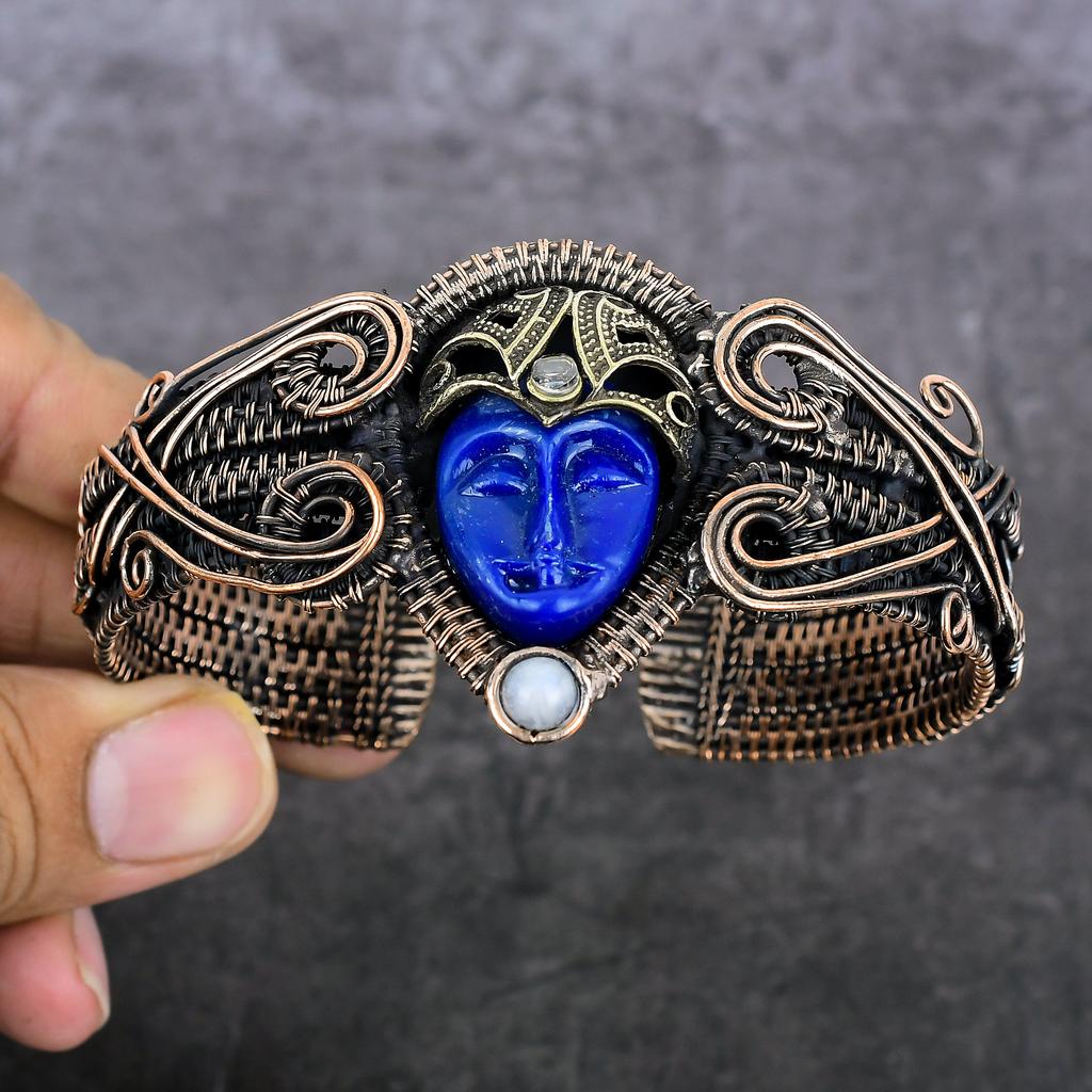 Cameo, Moonstone Handmade Copper Wire Wrap Cuff Bangle Adjustable Z7i86