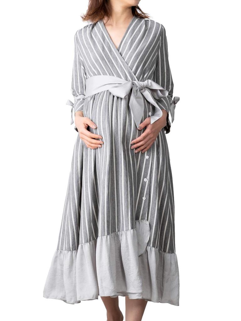 Sweet Mommy Maternity Pajamas Open Front Gown Type Hem Chiffon Room Wear Striped Gray M