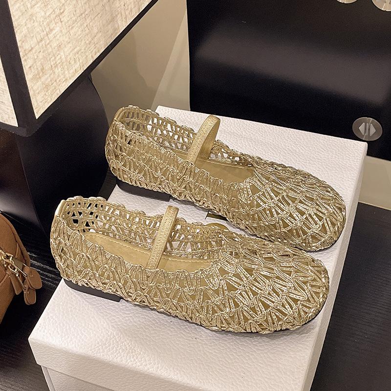 

2025 summer new retro woven hollow word belt Mary Jane shoes femininity round head flat bottom shallow mouth single shoes 40 золотой