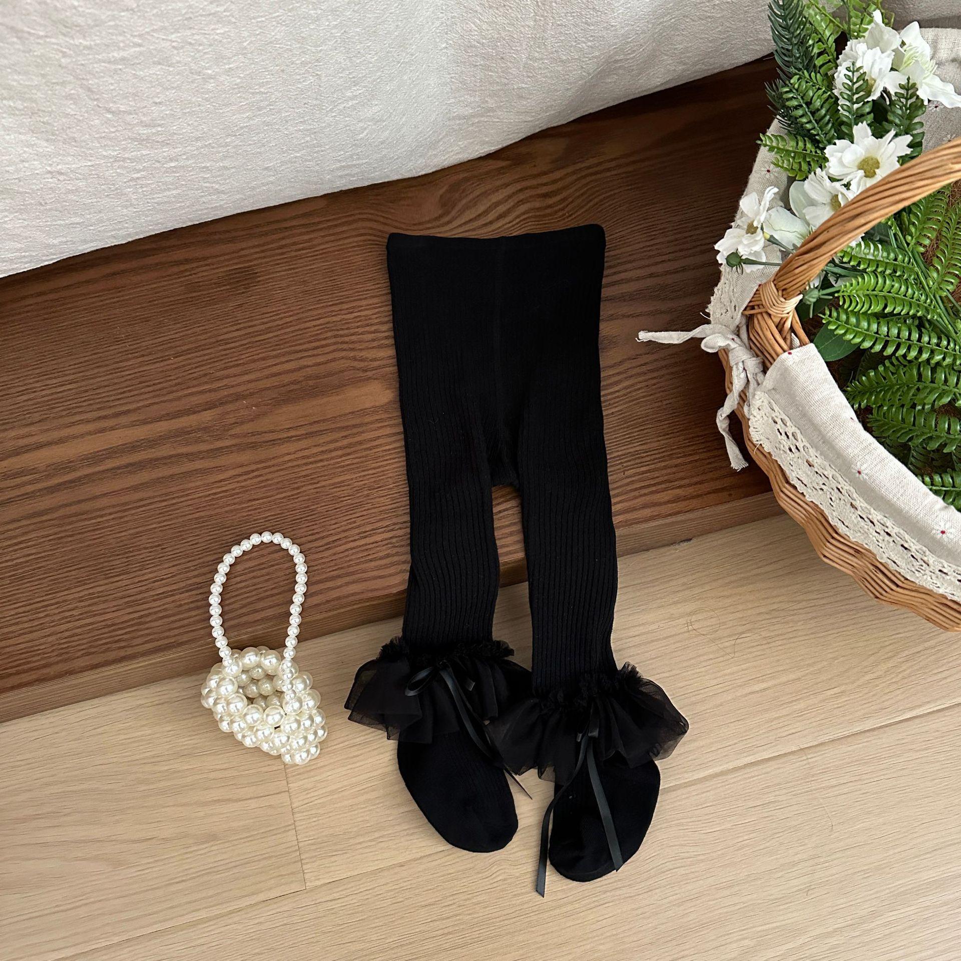 Girls  Cotton Pantyhose Spring and Autumn Romantic Mesh Lace Bowknot Leggings Children s Baby Footed Tights