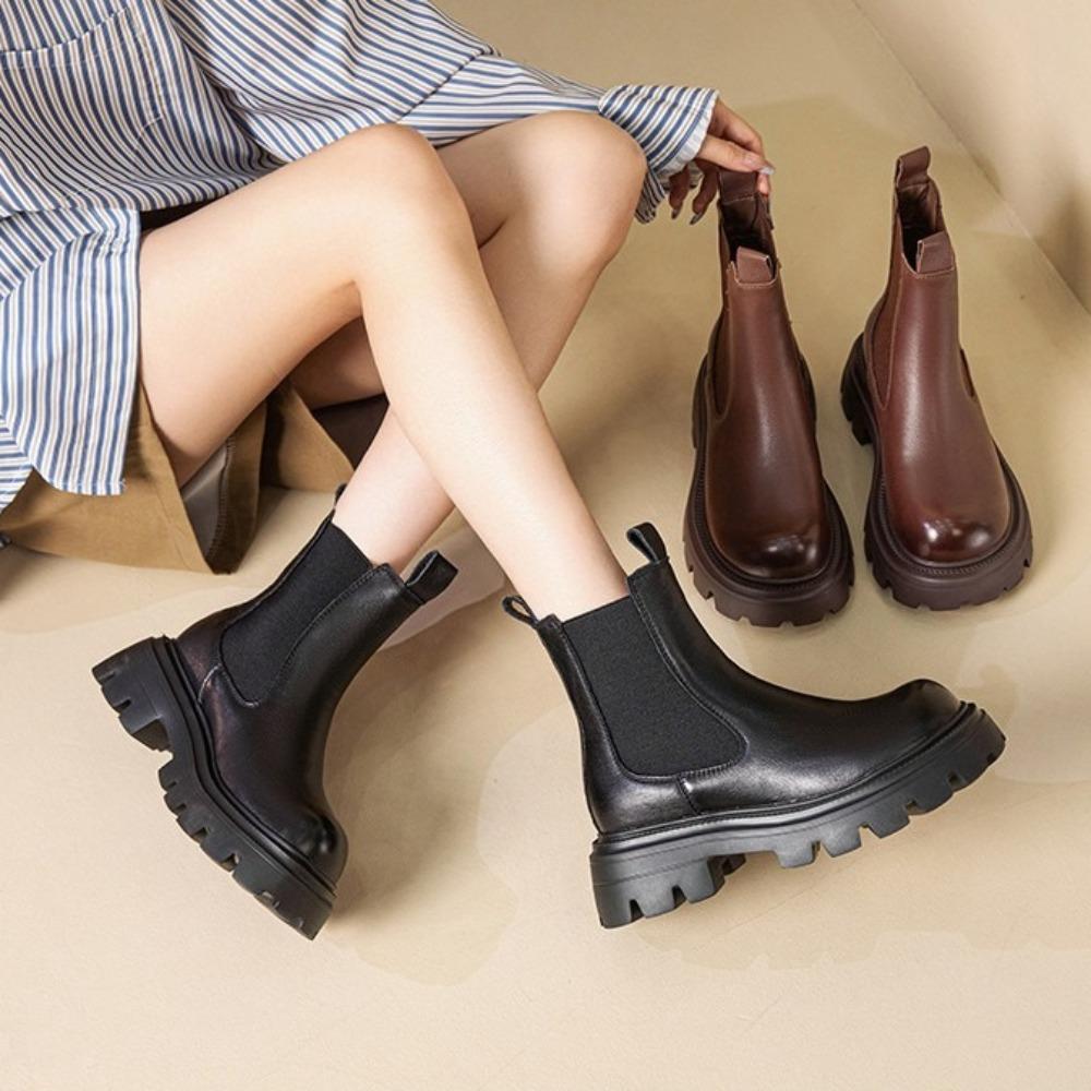 Thick-soled Leather Boots Women's 2025 Autumn and Winter New Small Height-increasing Ankle Velvet Cigarette Boots Fashion Pumps