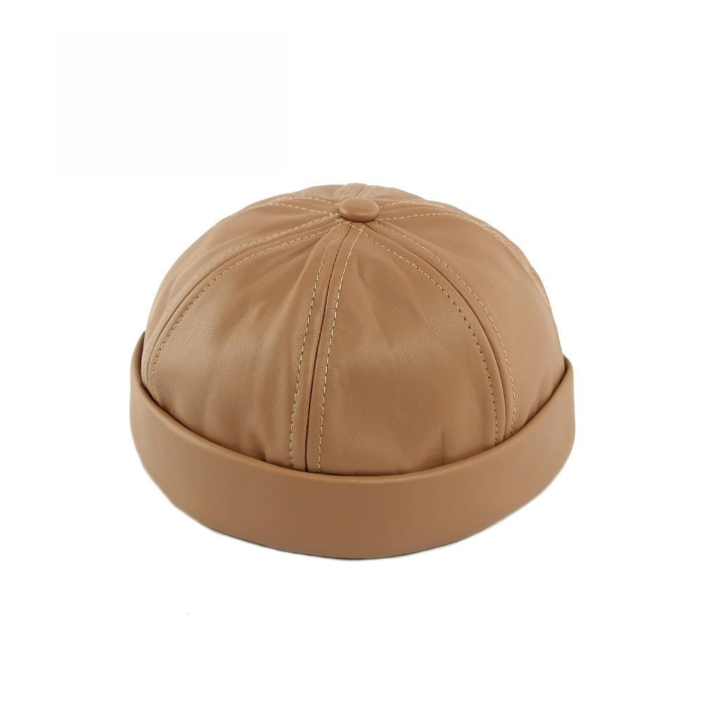 Unisex PU Leather Brimless Cap Retro Docker Hat Sailor Miki Beanie Rolled Cuff Skullcap Yuppie Streetwear Melon Cap