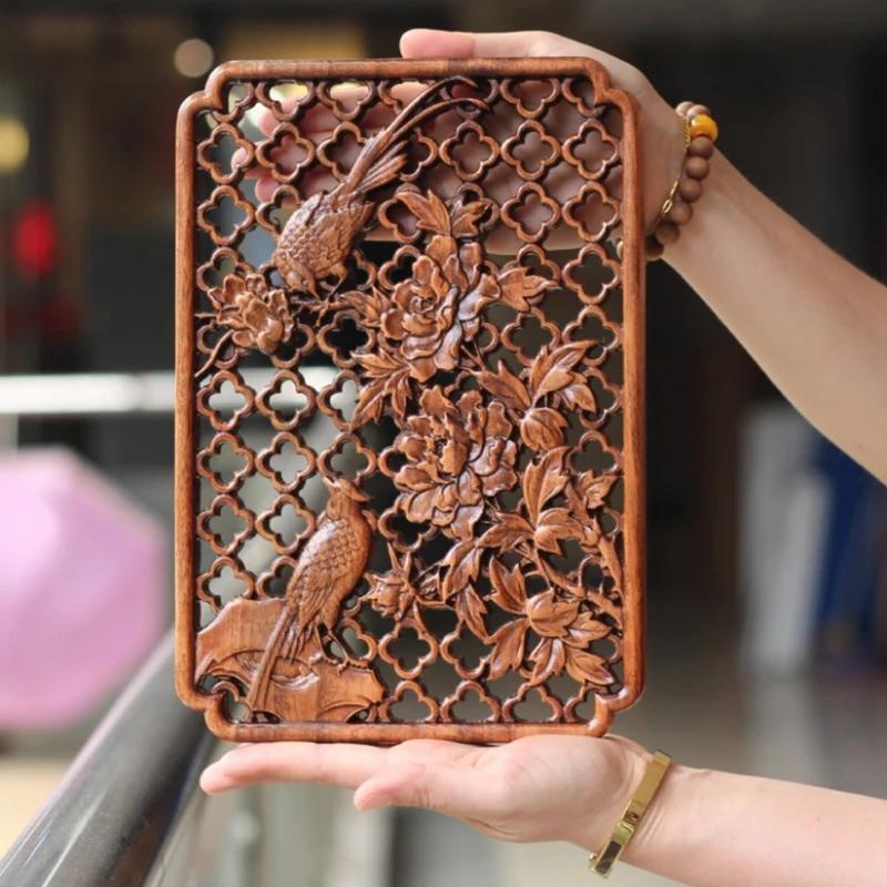 Chinese Traditional Artware Wooden Carving Wall Hanging Piece Background Wall, Solid Wood Hollow Carving Plum, Bamboo Decor