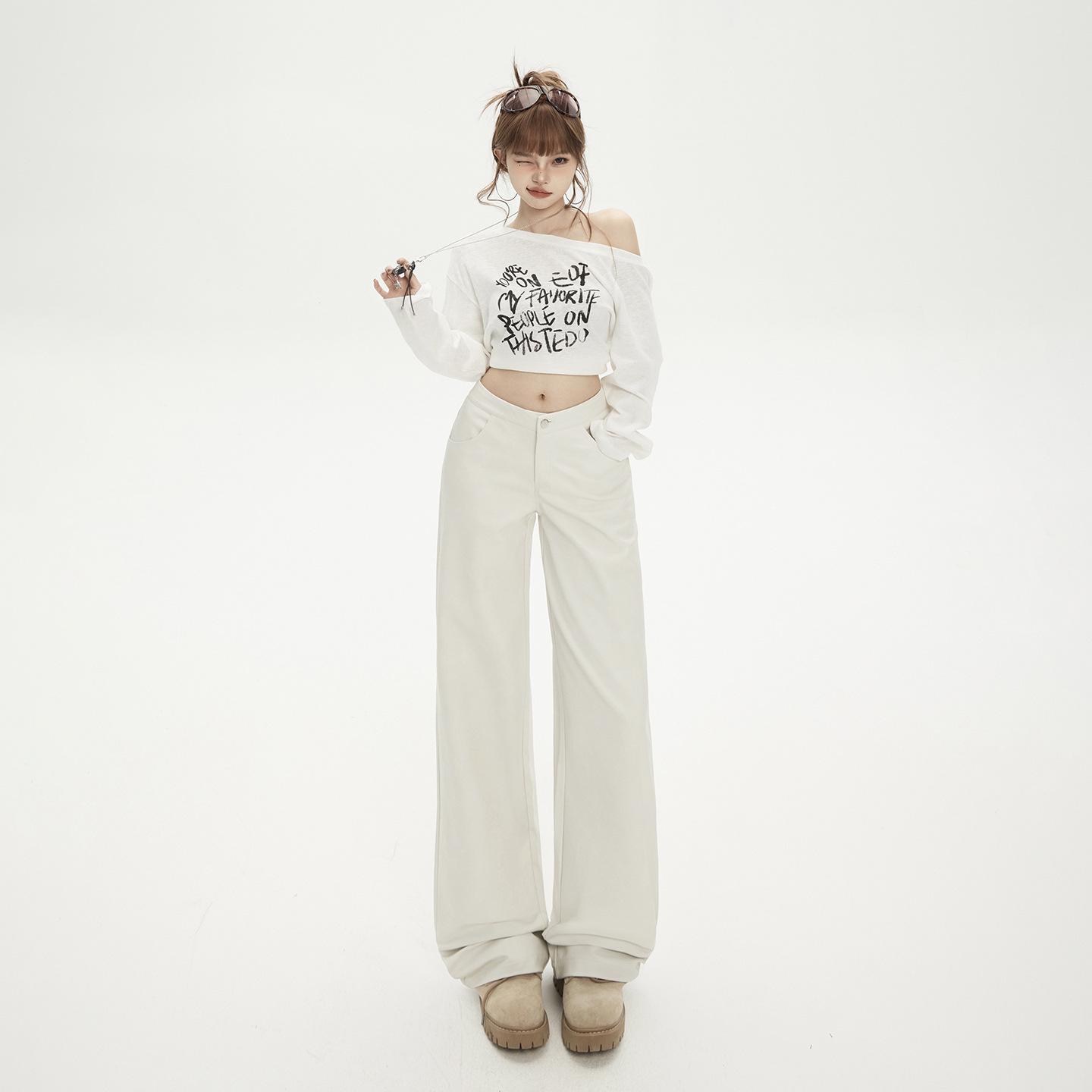 

American Spicy Girl Low-Waist Wide-Leg PU Leather Pants - Women s 2025 Autumn/Winter White Slimming Straight Floor-Length Extra Small