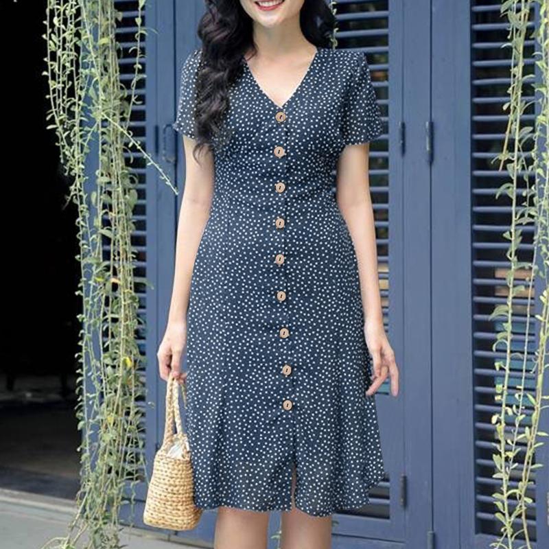 

ZANZEA Женское летнее платье с V-образным вырезом, коротким рукавом, повседневное, с принтом в горошек 5XL темно-синий
