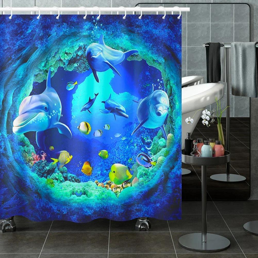 Ocean Underwater World Shower Curtains Set Dolphin Animal Cheerful Marine Life Scenery Polyester Fabric for Kids Bathroom Decor