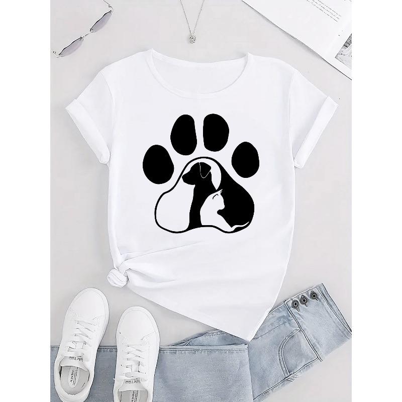 Women Casual Sports T Shirt Round Neck Short Sleeve Cat Dog Paw Print Comfortable Summer Top