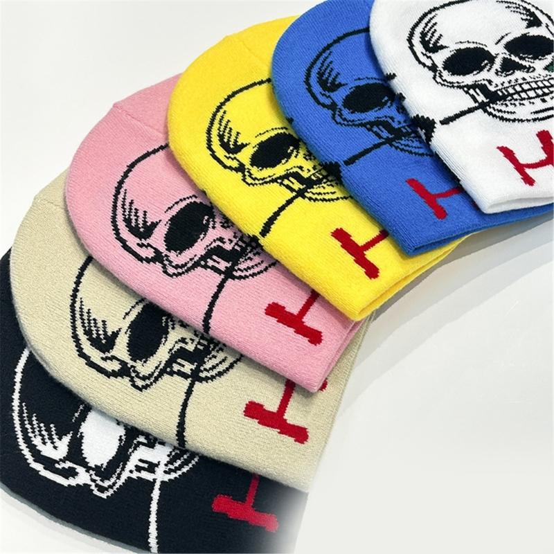 Teens Elastic Beanie Knit Skull Caps with Jacquard Skull&Rose Pattern Skiing Hat