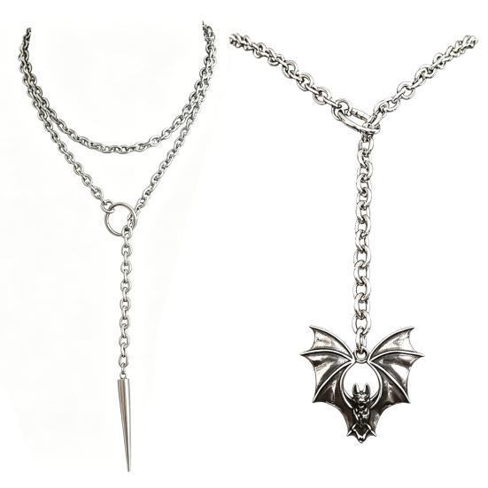 Punk Lariat Y Necklace, Gothic Bat Pendant Necklace, O Ring Long Necklace, Adjustable Slip Chain Necklace Jewelry Gift for Women