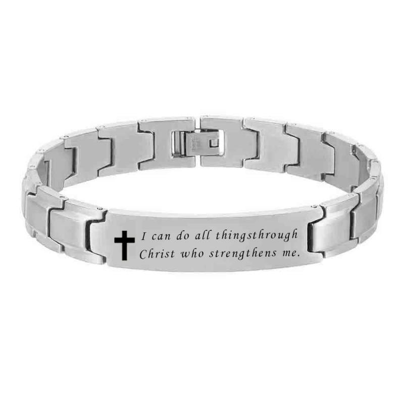 Stainless Steel Two-Tone Smooth 12mm Link Bracelet With Engraved Cross Charm Men Women Minimalist Geometric Design