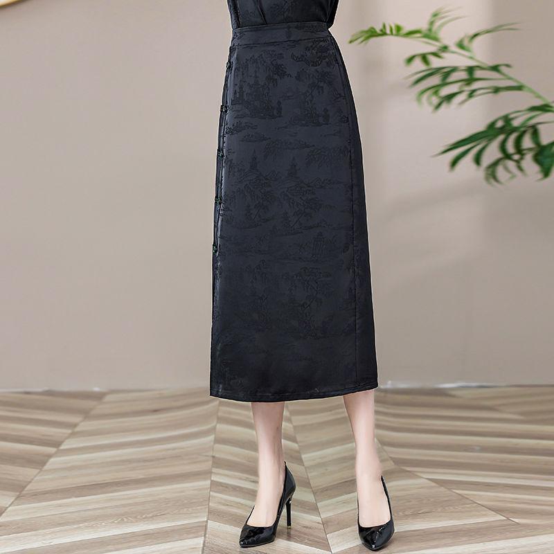 

Retro Chinese-style High-waist Cheongsam Skirt Summer Fashion and Versatile Chinese Jacquard Embroidery Slit Skirt XL чёрный