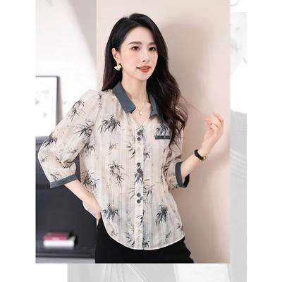 Spring Summer New Fashion Versatile Ink-style Print Chiffon Blouse Simple Office Wear Women Top