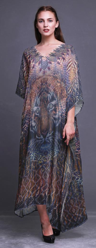 Phagun Tiger Face Animal Beach Kaftan Bikini Cover Up Womena    S Maxi Dress Long