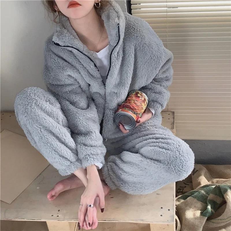 Winter Pajama Sets Women Solid Warm Thick Long Sleeve Zip-up Coral Fleece Comfort Sleepwear Elastic Waist Loose Soft Elegant New