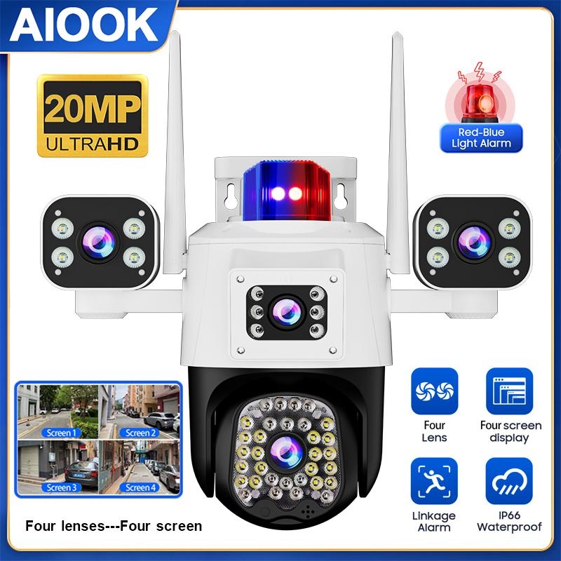 

AIOOK Outdoor Camera WIFI HD 20MP Four Lens Lights Alarm Waterproof Night Vision Video Camera Two Way Intercom Mobile Tracking IP CCTV Camera 128GB