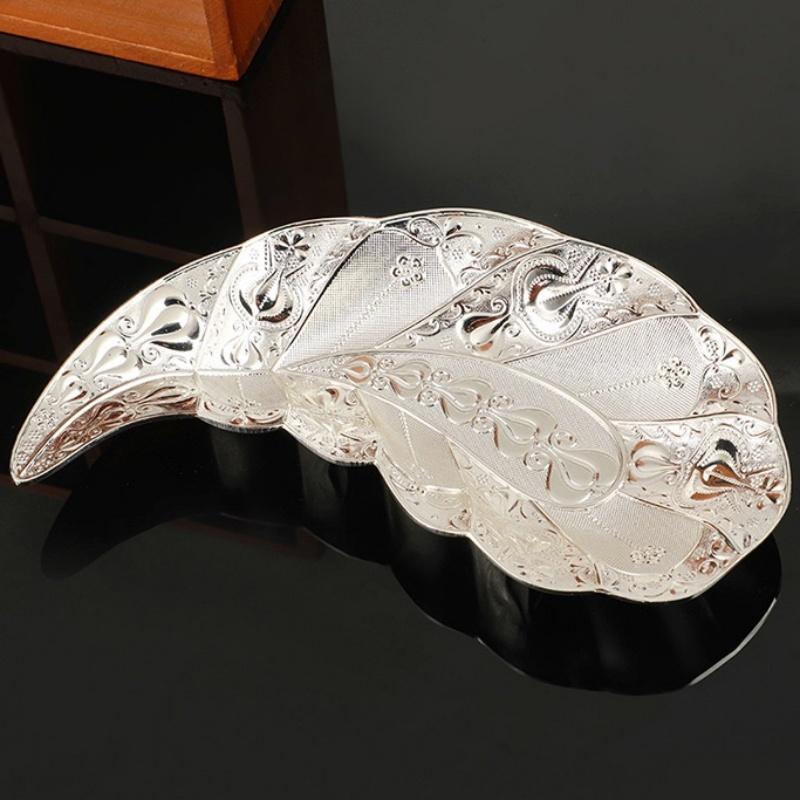 Fruit Tray, Alloy Cake Plate, Silver Large-Sized Leaf Shape Snack Disc,Nuts Organizer Wedding Party Desktop Decoration,22.5 cm