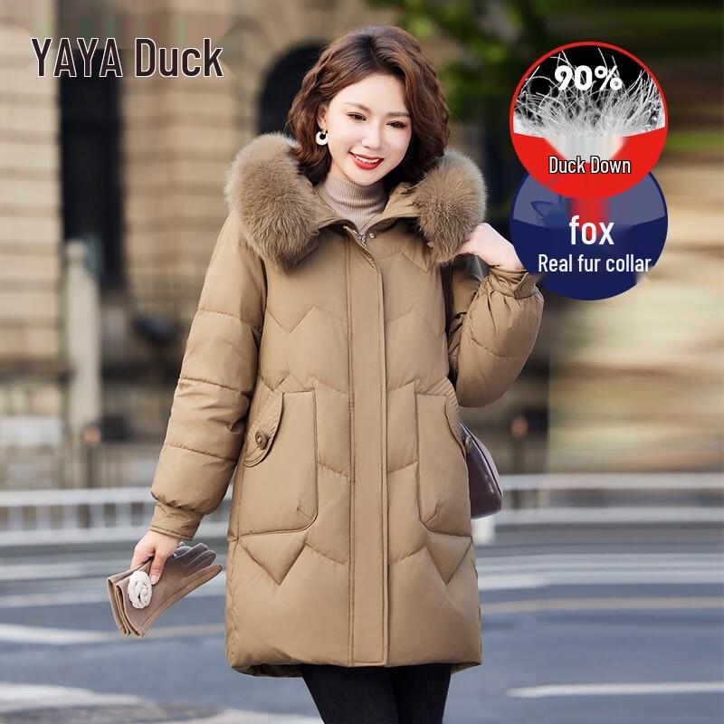 YAYA Women's 2025 Winter Mid-Length Hooded Down Jacket with Fox Fur Collar
