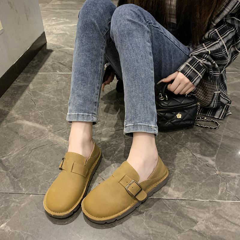 Fashion New Style Luxury Leather Women Shoes Spring Retro Round Head Casual Flat Rubber Bottom Belt Buckle Women's Single Shoes