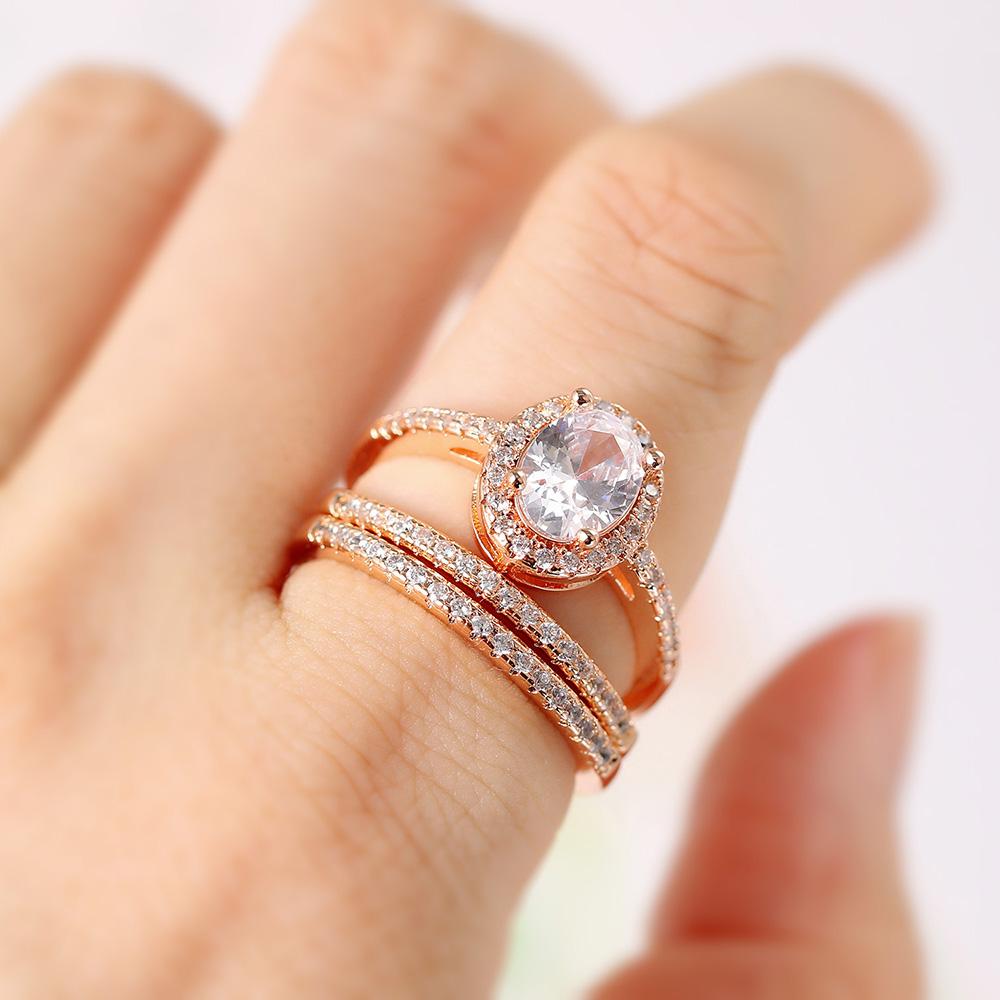 Wedding Engagement Ring Set for Women AAA+ Cubic Zirconia Crystal Rings Rose Gold Color Marriage Bride Accessories Jewelry SR077