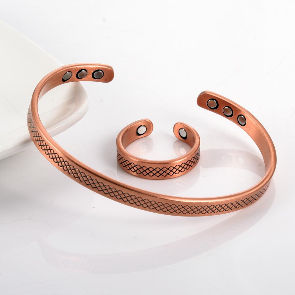 Vinterly Magnetic Pure Copper Jewelry-Set Adjustable Bracelets Ring Magnet Resizable Health Jewelry Sets Open Cuff Soft Matel