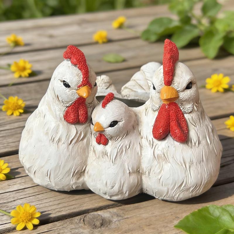 Three Chicken Coop Family Flower Pot, White Resin Desktop Decoration,Farmhouse Style Planter for Succulents and Small Plants