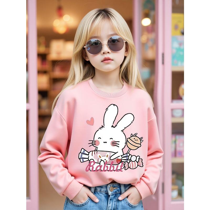 Kids Sweatshirt A Super Cute Cartoon Sweatshirt Featuring a Little Girl with a White Rabbit Holding a Big Sweet Candy Print 110