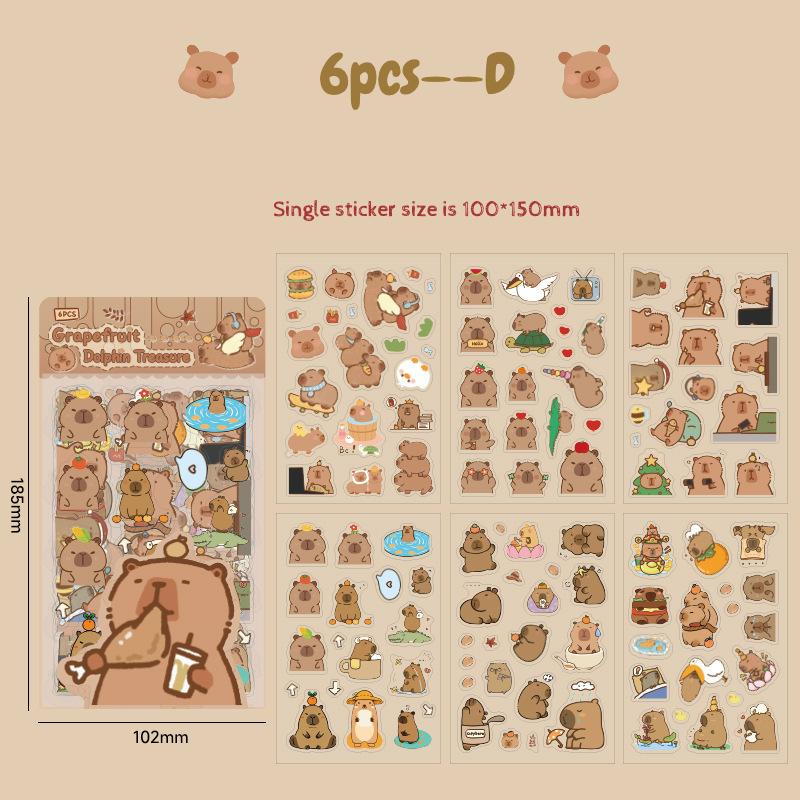 

6 Sheets Cute Capybara Stickers - Transparent Waterproof for School Supplies, Planner & Journal