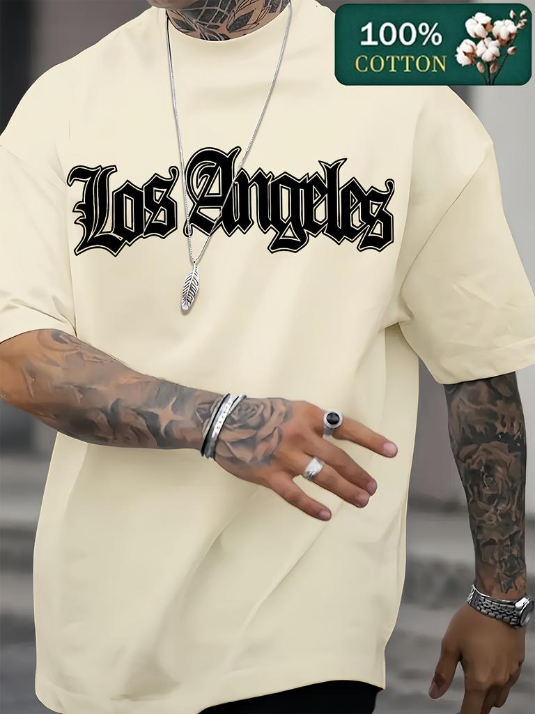 Summer 100 Pure Cotton Unisexs Casual Fashion Los Angeles Letter Pattern Print Loose Sports Round Neck Short Sleeved Tshirt Top