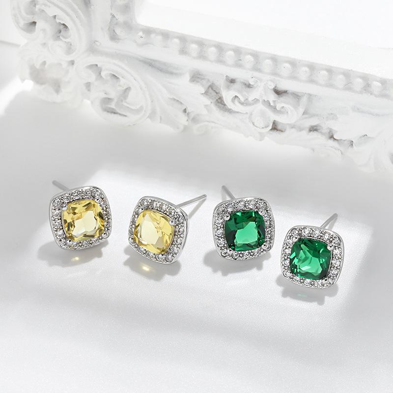 Popular Multicolor Earrings Four-claw Square Emerald Single-drill Earrings