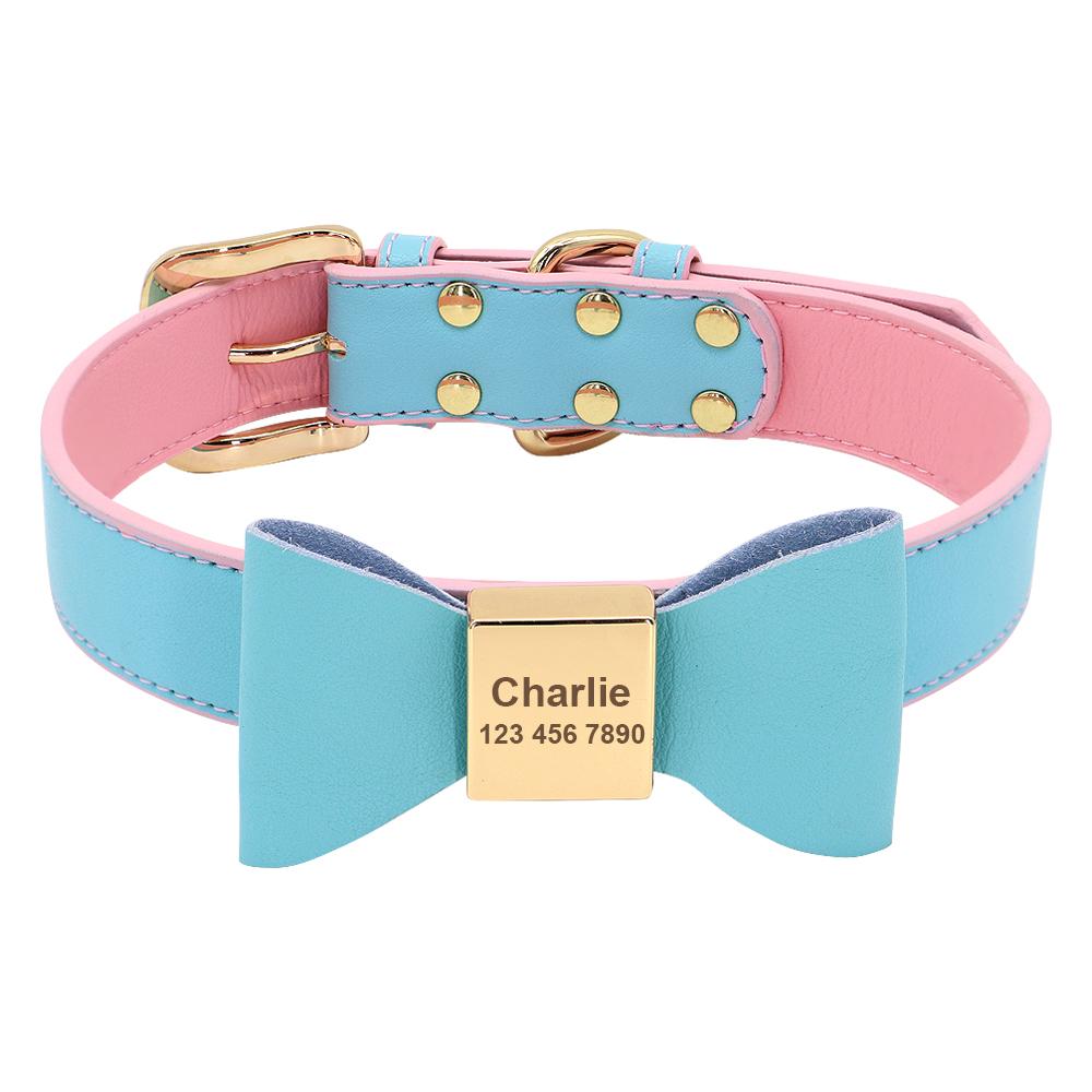 Custom PU Leather Dog Collar Soft Bowknot Pet Collars Engraved Name Puppy Cat Necklace Anti-lost for Small Medium Large Dogs Pug