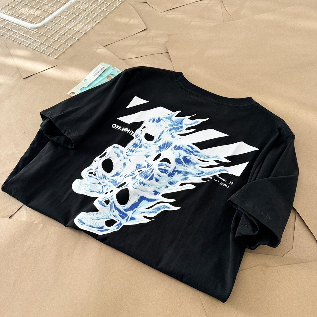 Off-White 2025 Sommer Neues blaues T-Shirt mit Geister- und Feuerschädel-Print, kurzärmelig, für Männer und Frauen, Paar-T-Shirt
