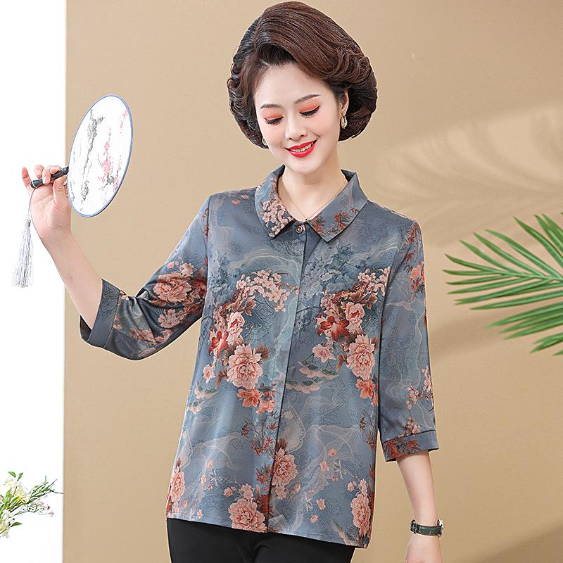 Chinese Style Real Silk Seven-Sleeve Shirt for Elderly Women - Spring/Summer Grandma Top
