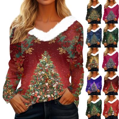 Women's Christmas Printed Long Sleeved Party Plush Neck V-neck Top