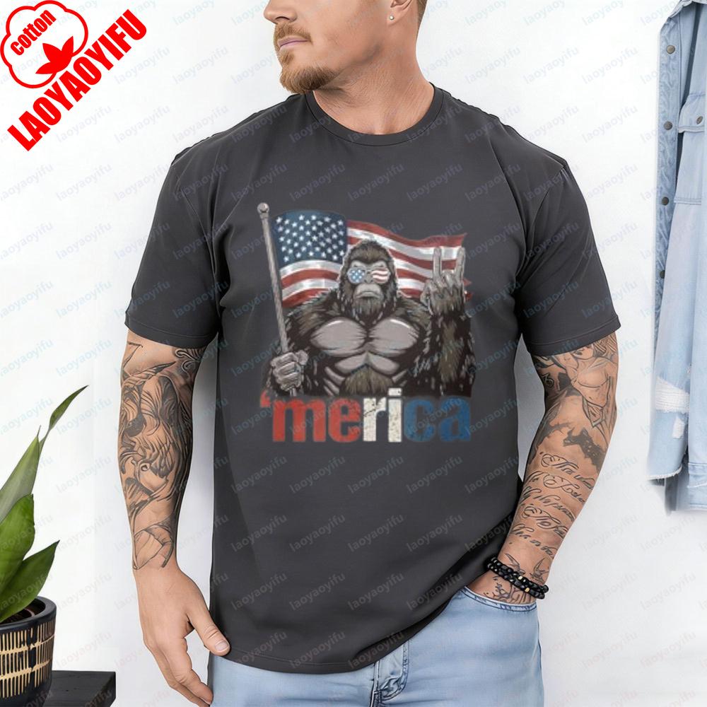 4th of July TShirt Gorilla American Flag Design Tops Patriotic Heritage Cotton Tee Funny Vintage Classic Fashion Man Streetwear