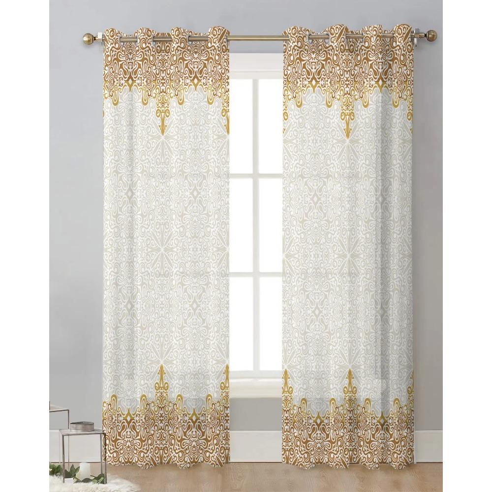 Bohemian Retro Ethnisch Gelb Transparente Vorhänge für Schlafzimmer Wohnzimmer Dekoration Gardine Kochbereich Tüllstoff Seidenähnliche Vorhänge