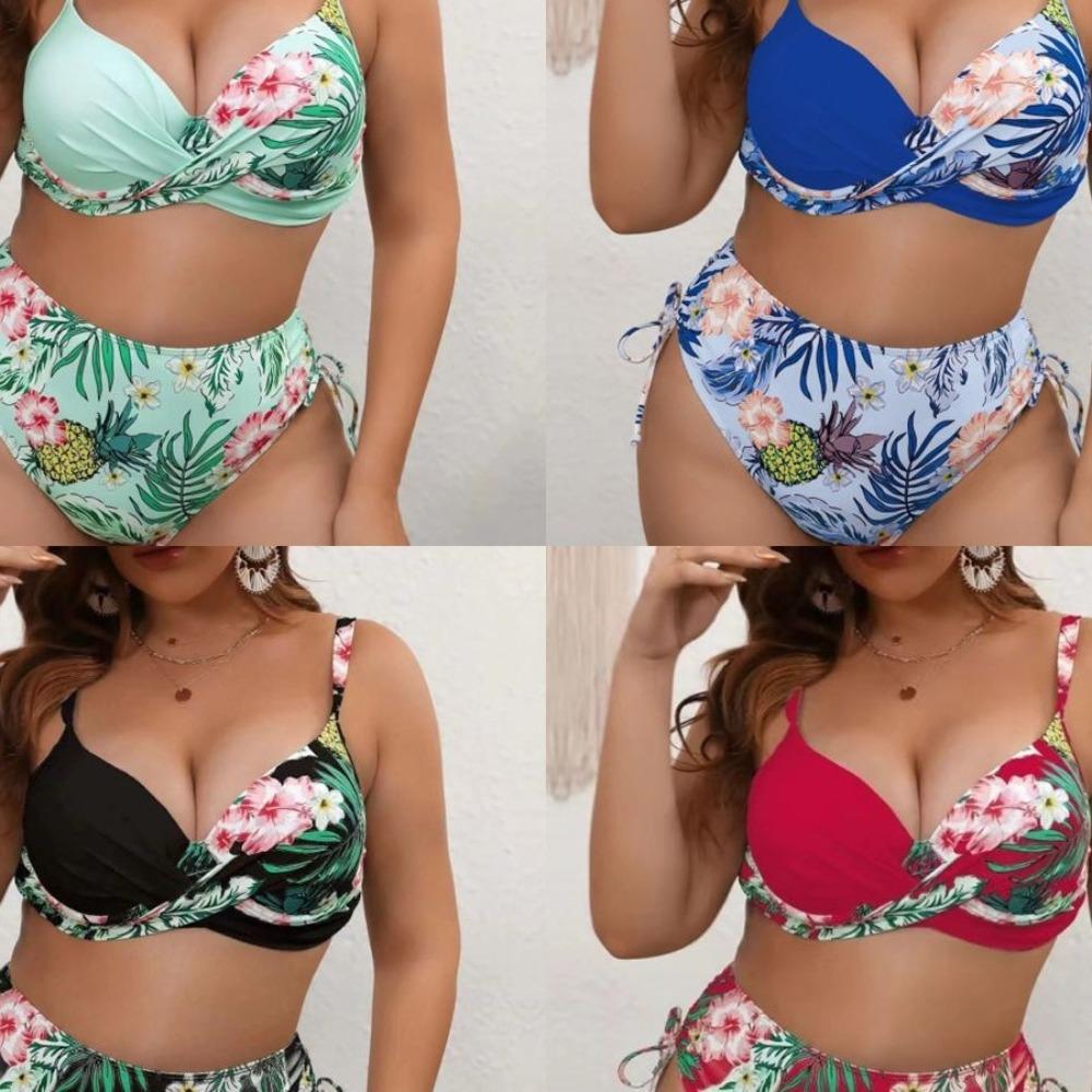 Europäische und amerikanische Übergröße Hosenträger Mehrfarbig Hochtailliert Rückenfrei Sexy Babes Split Bikini Anzug