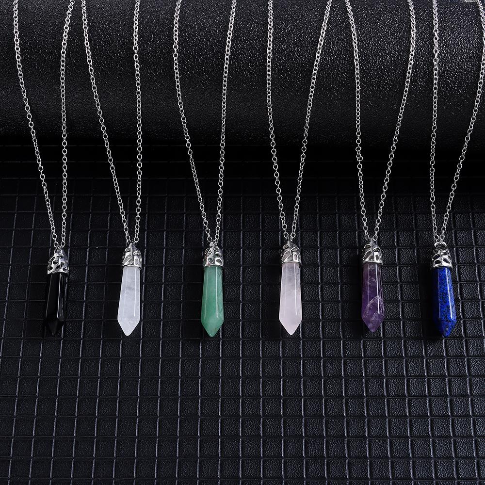 Amulet Energy Healing Stone Necklace Hexagonal Crystal Necklace Rose Quartz Natural Stone Pendant